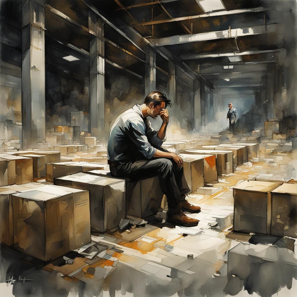 Man Crying in Abandoned Factory: Digital Watercolor Art