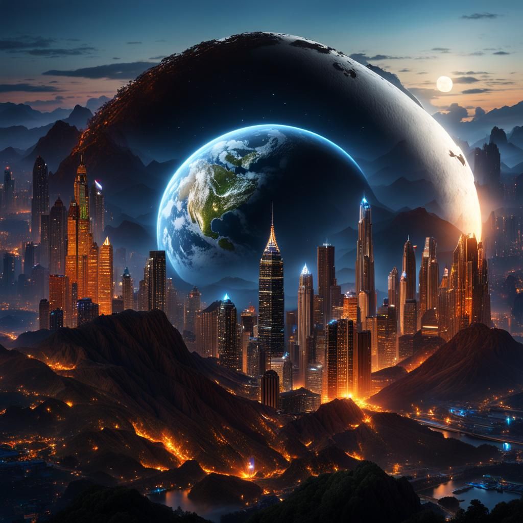 King Kong Attacks Night Cityscape with Crystal Reflections