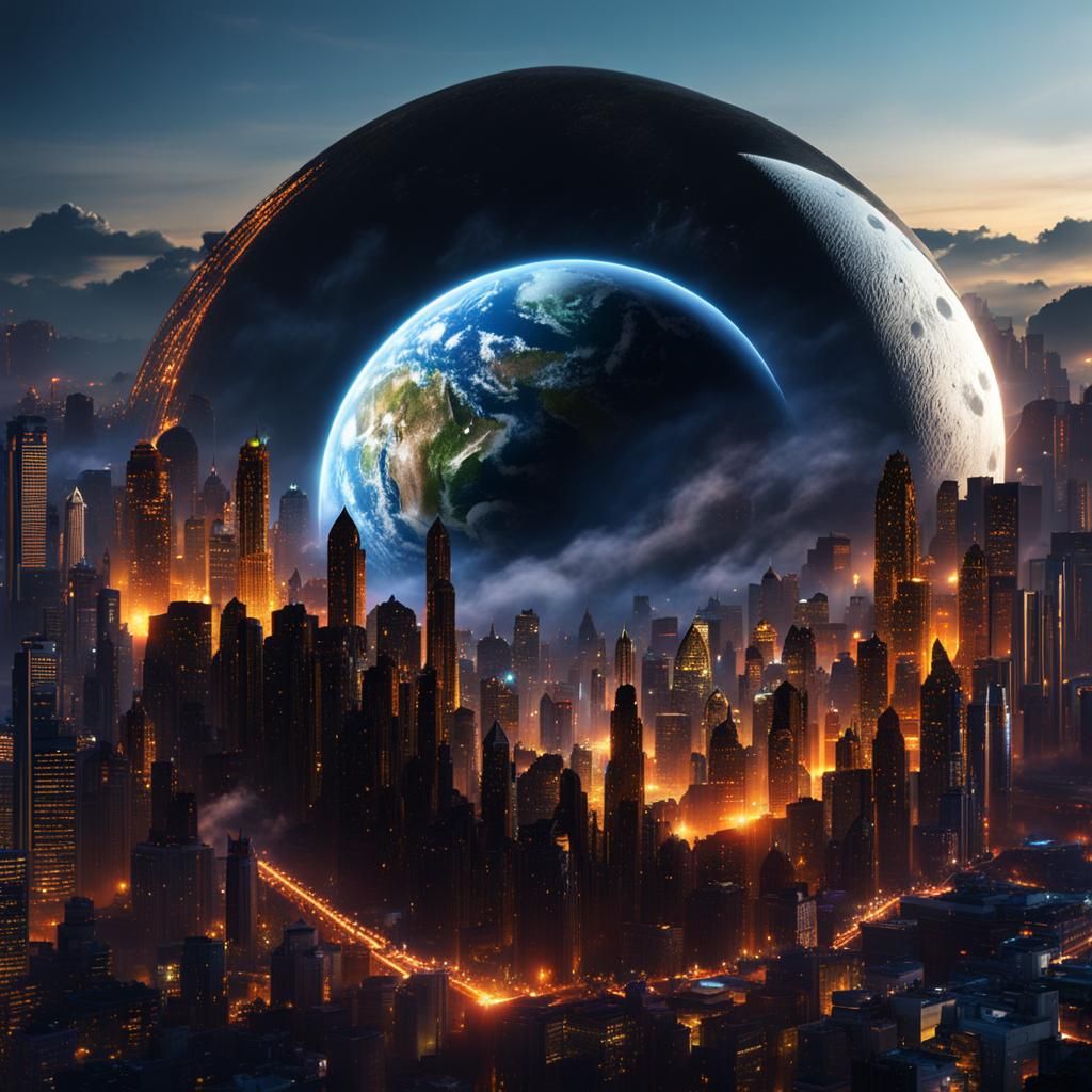 Earth and Moon Reflection in Crystalline Cityscape