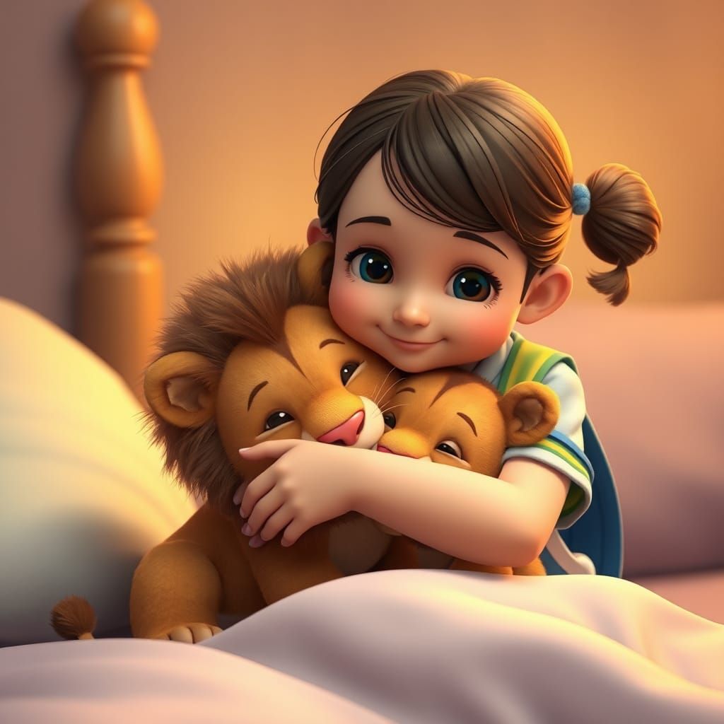 Girl Embracing Lion Cub in Soft 3D Style