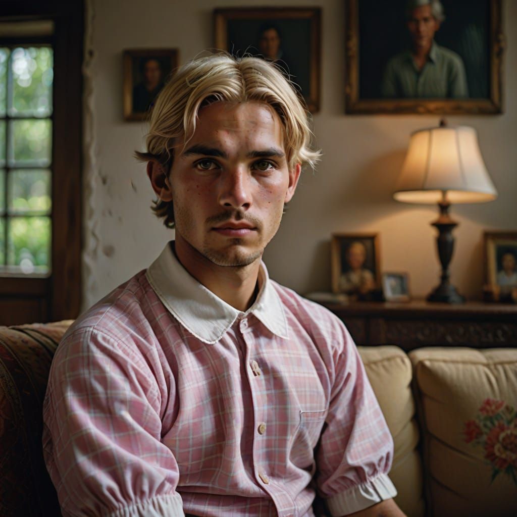 Young Man in Plaid Dress and Wig, Concept Art Portrait