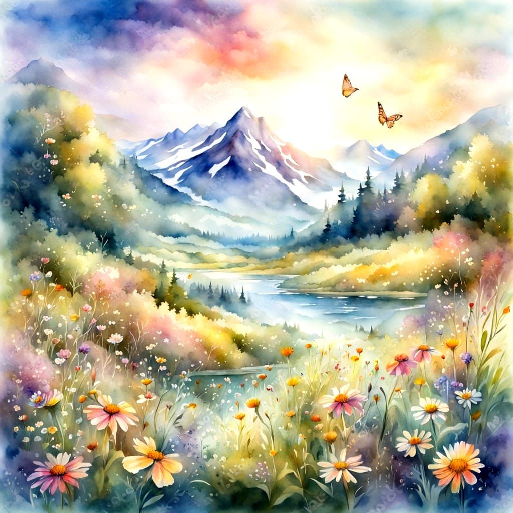 Meadow with wild flowers - watercolour 