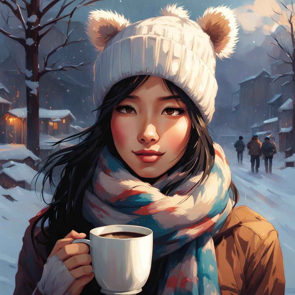 Cozy Winter Morning with Girl, Puppy, and Coffee