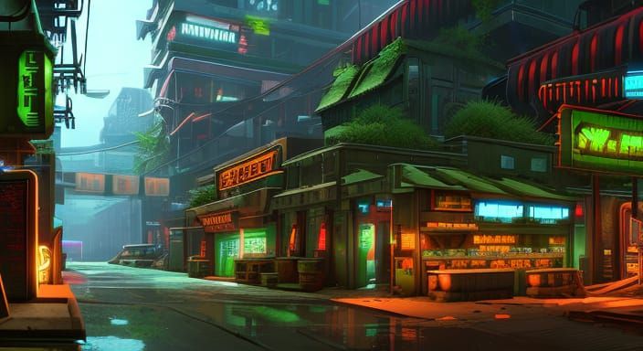 Cyberpunk Alleyway with Neon and Jungle