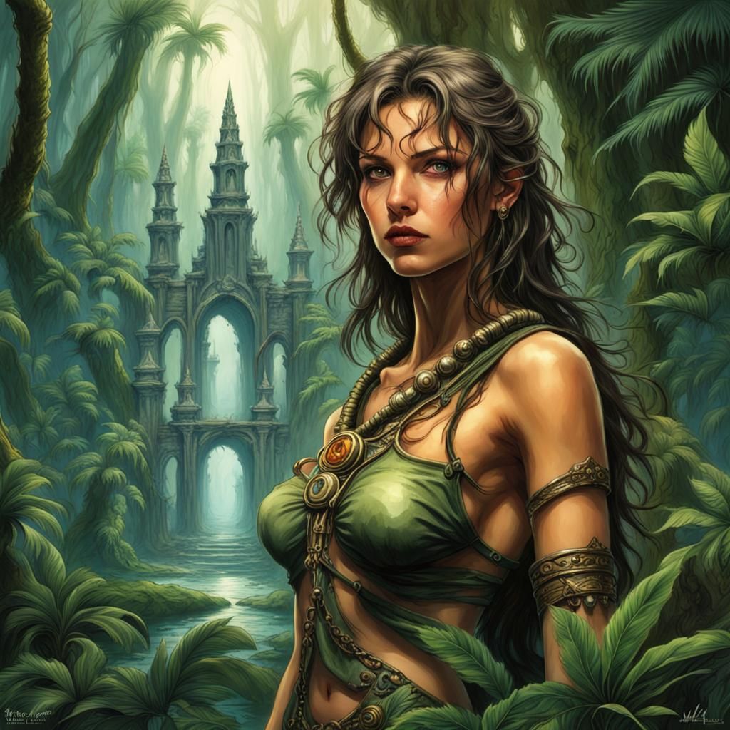 Adventuress in Jungle Temple Ruins, Fantasy Art