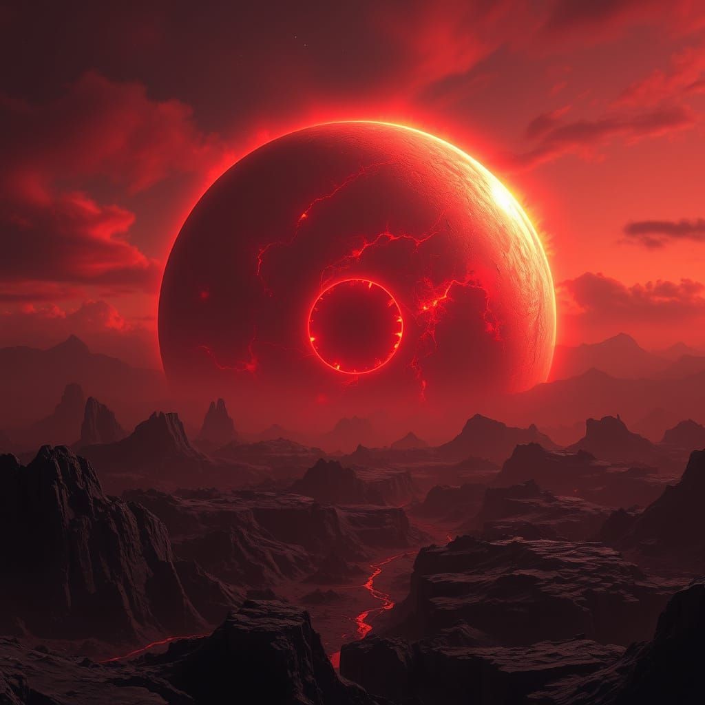 Ancient Artificial Moon in Perpetual Twilight with Crimson A...