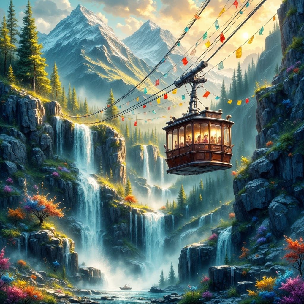 Vintage Cable Car Above Swiss Alps Waterfall in Golden Hour