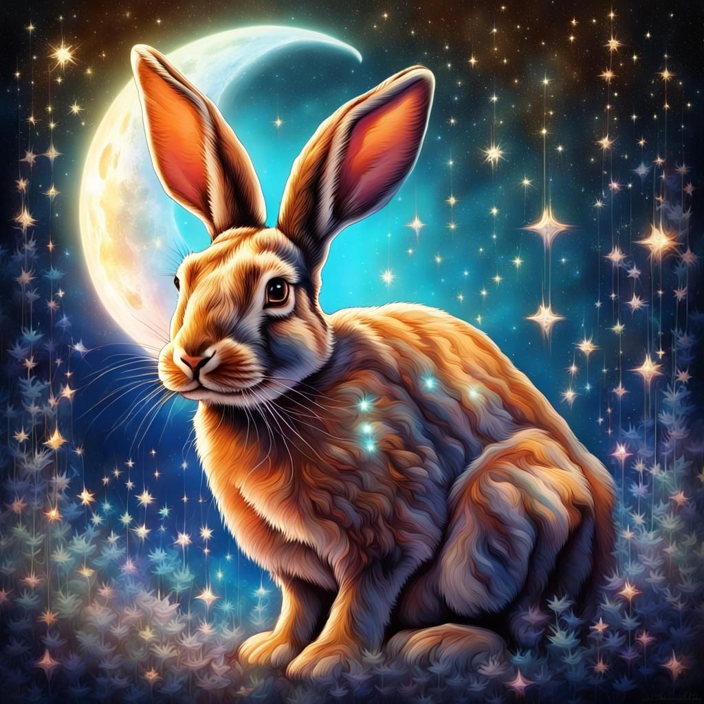 Rabbit Under Jeweled Stars in Fantasy Illustration