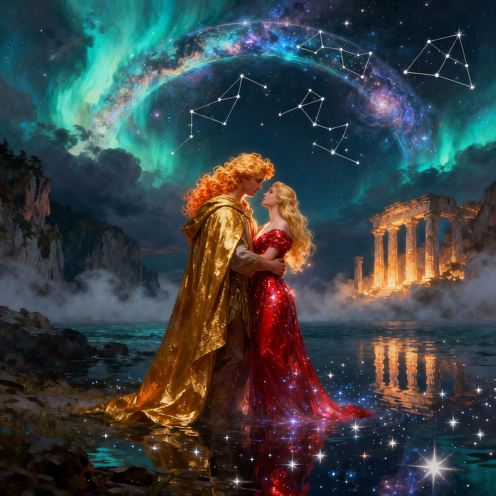 Romantic Couple in Starry Bay Digital Painting