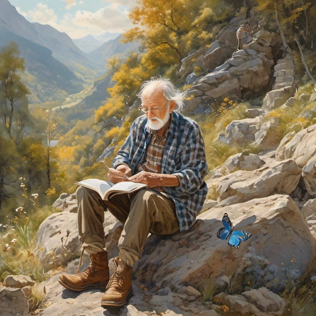Elderly Man Reading in Mountain Landscape, Gouache Style