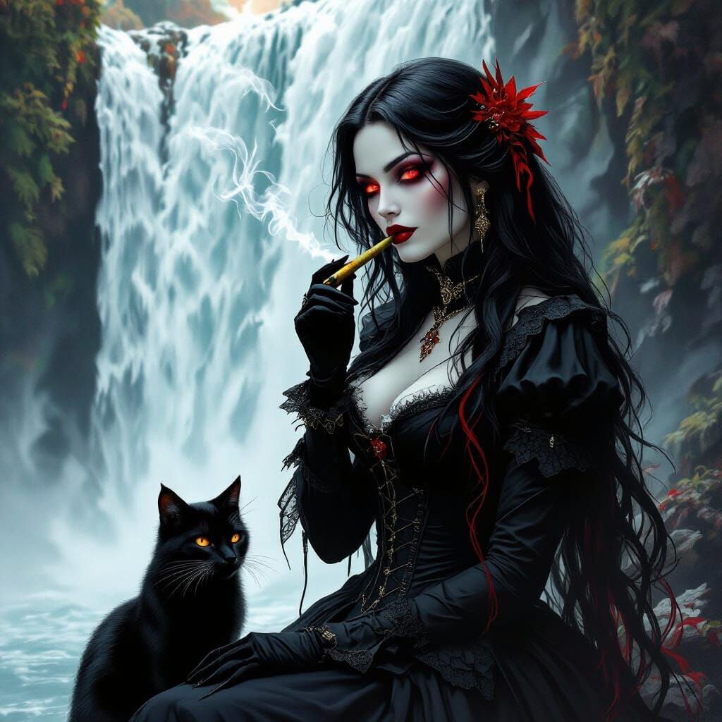 Gothic Vampire Woman by Waterfall with Bobcat