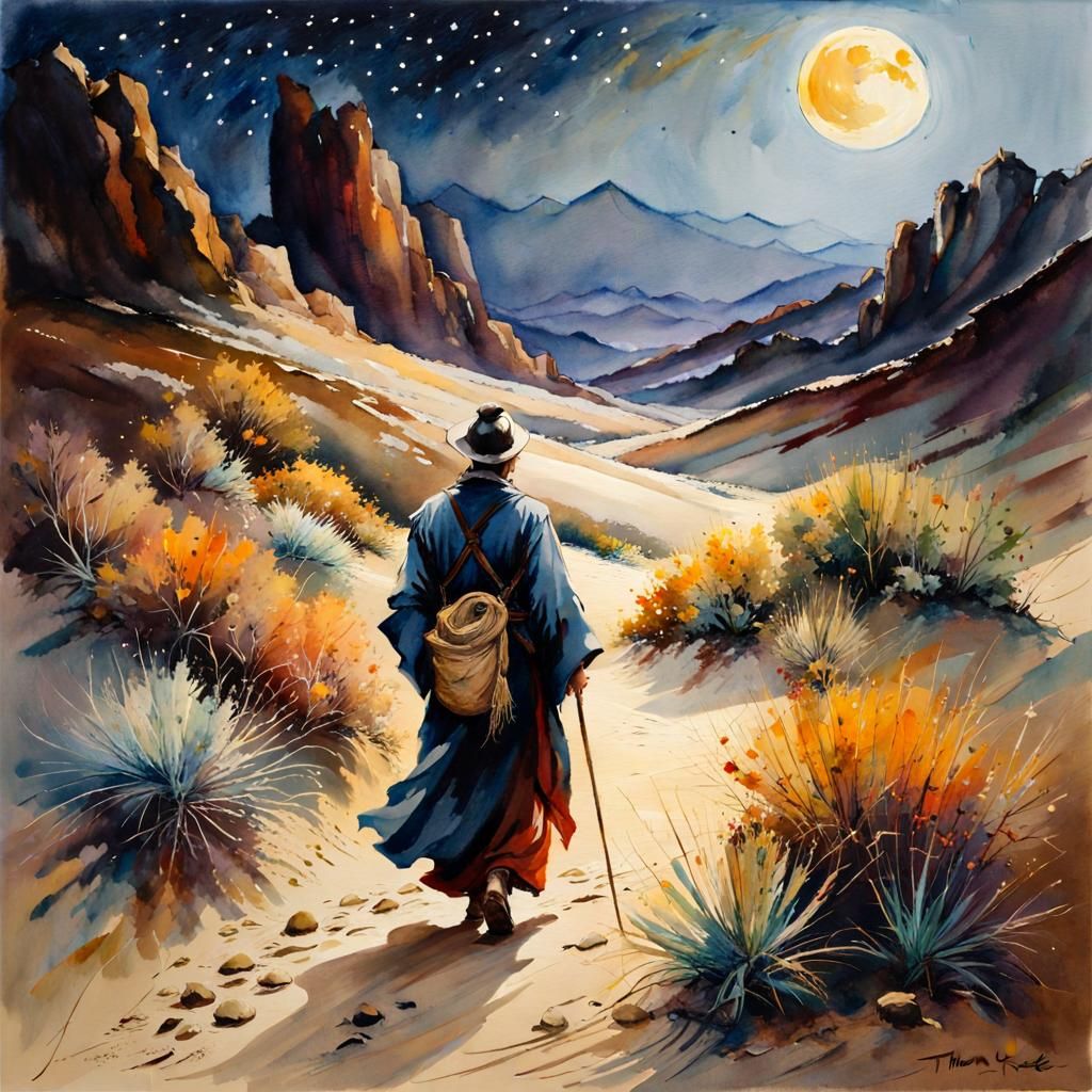Dervish Walks Desert Path Under Moon: Anime Style