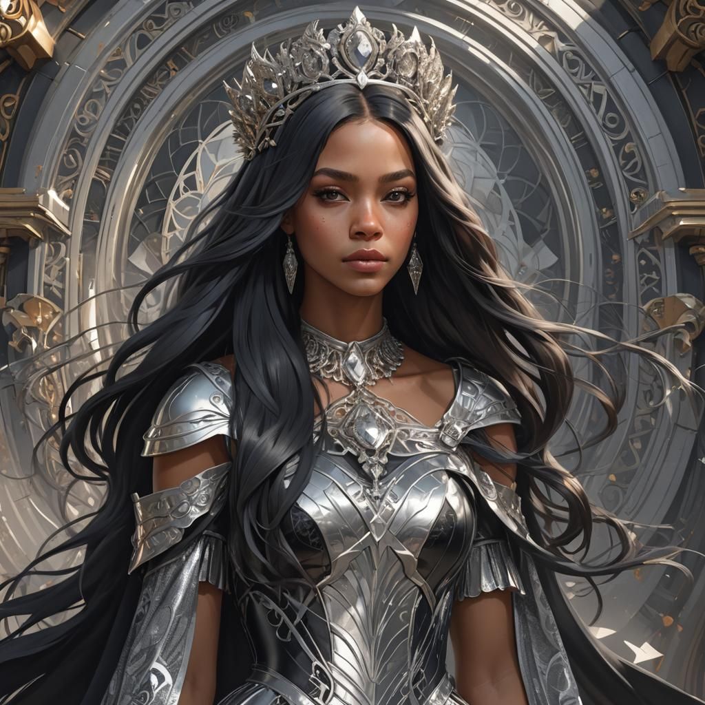 Queen in Silver and Black Dress, Hyperdetailed Portrait