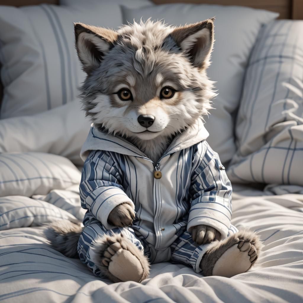Silver Wolf Cub in Pajamas: 3D Anime Art
