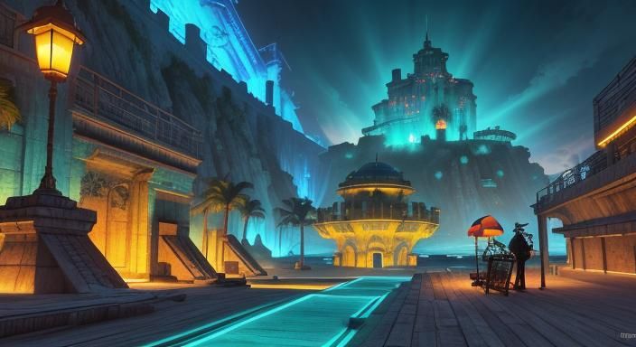 Tropical Cyberpunk Cityscape with Marine Life