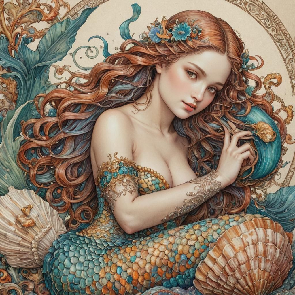 Mermaid Resting on Elaborate Clam Shell in Line Art