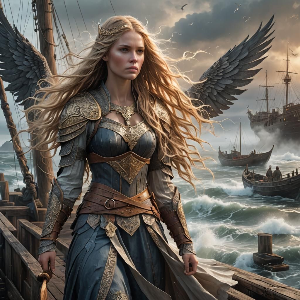 Viking Woman with Wings in Harbor Scene