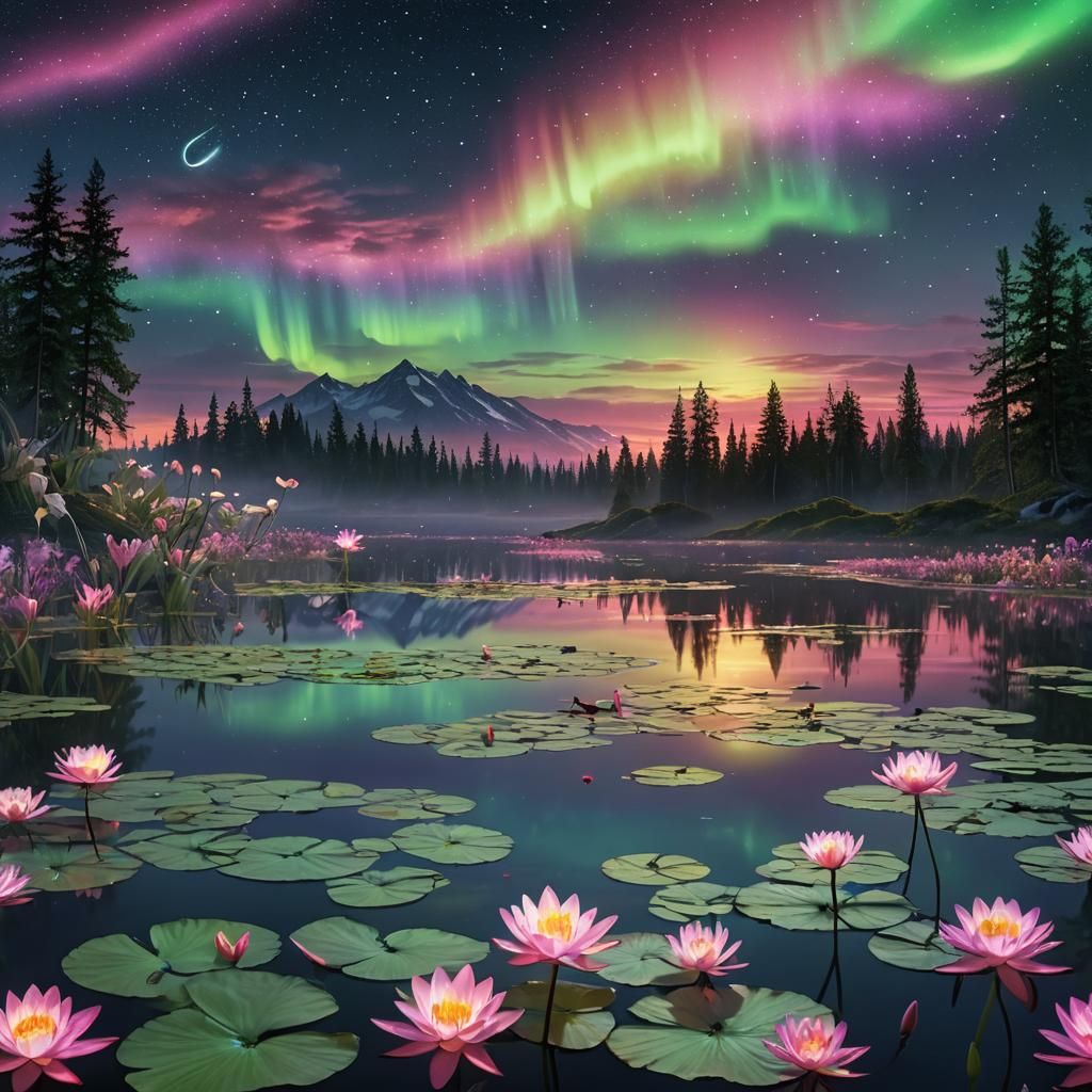 Aurora Borealis Reflections on a Tranquil Pond