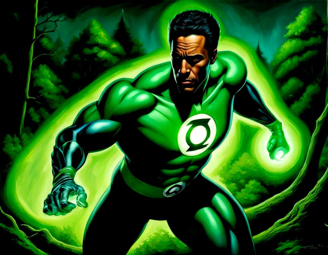 Green Lantern Hunting in Dark Forest, Photorealistic Style