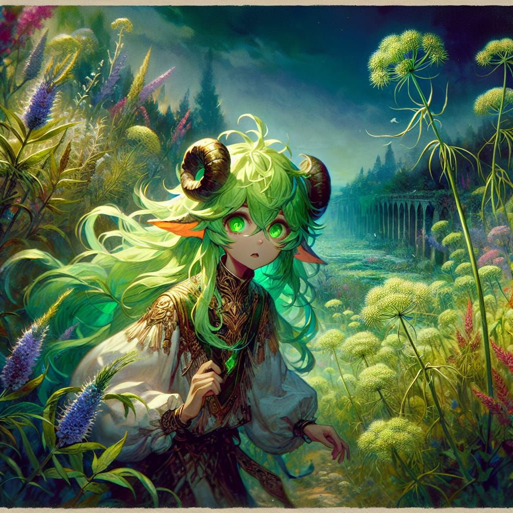 Anime Satyr Druid in Poisoned Fennel Field