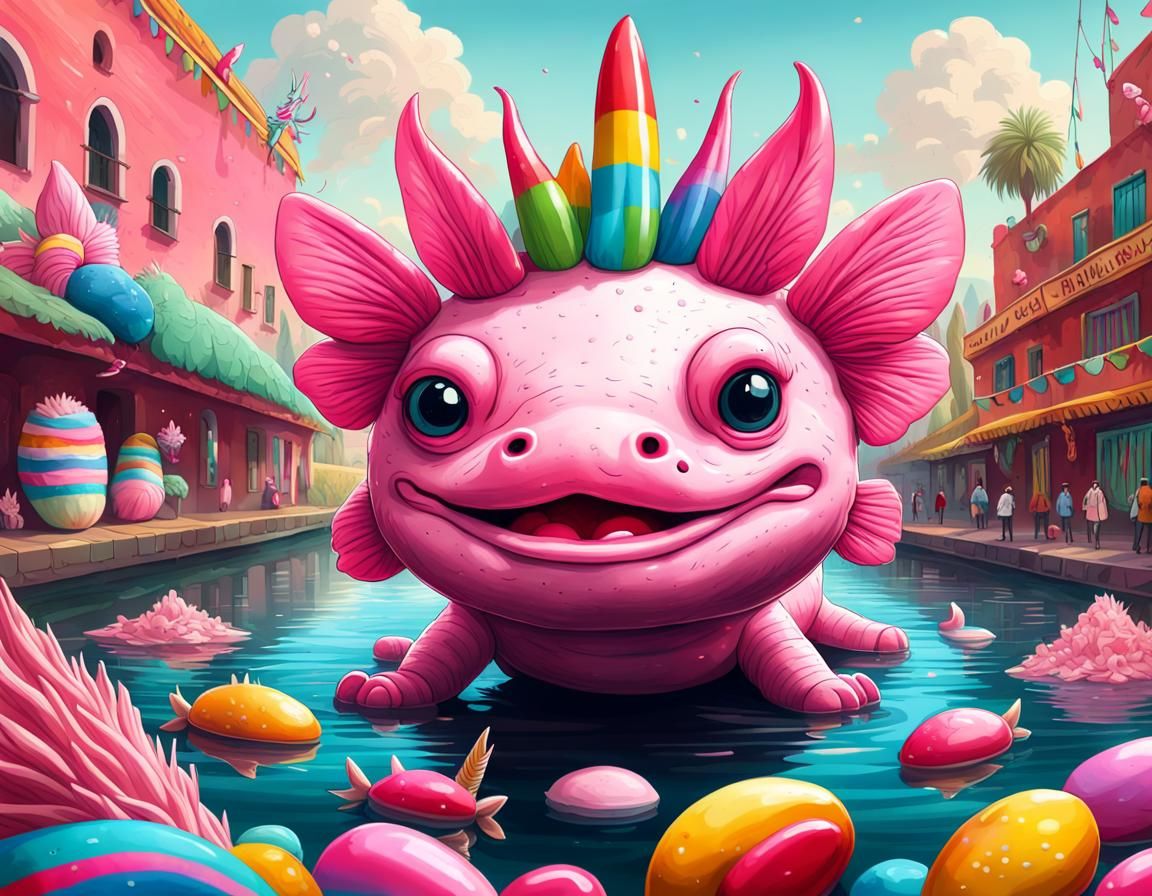 Adorable Pink Axolotl with Unicorn Horn in Candyland Style