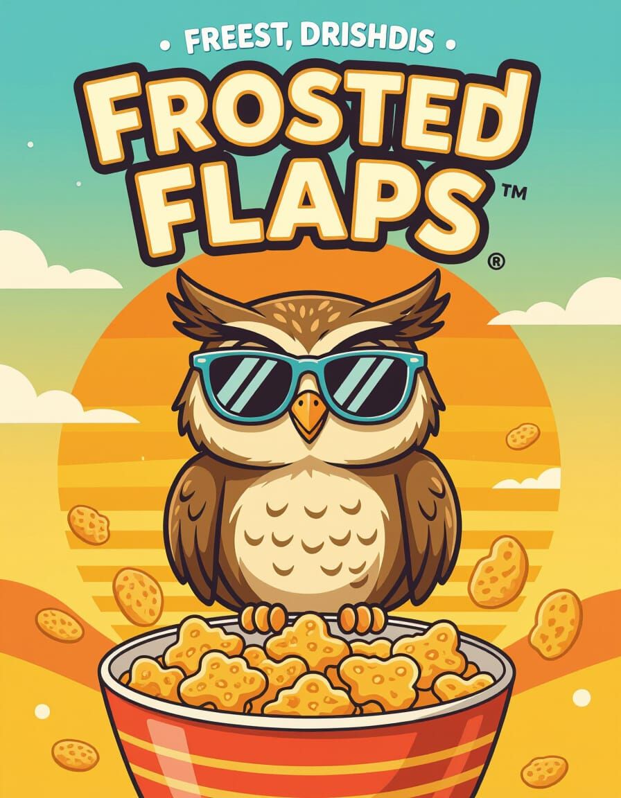 Frosted Flaps Cereal Box Design with Cool Owl
