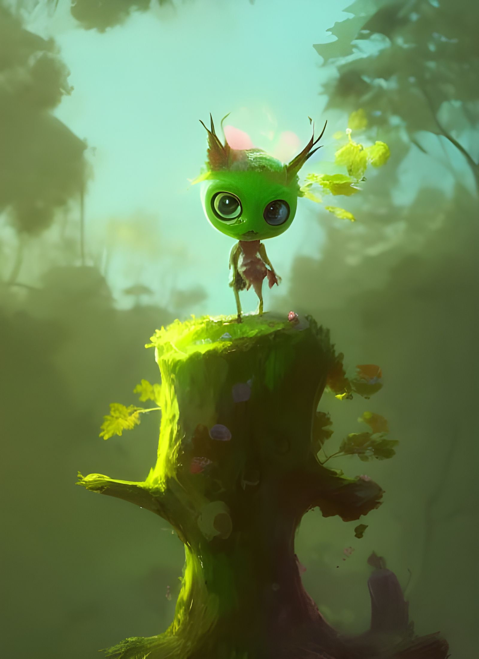 Cute Green Tree Spirit Portrait on Tree Trunk