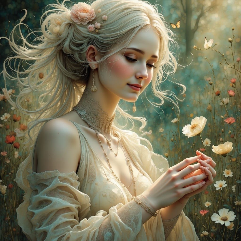 Ethereal Cyborg in English Garden, Anime Style