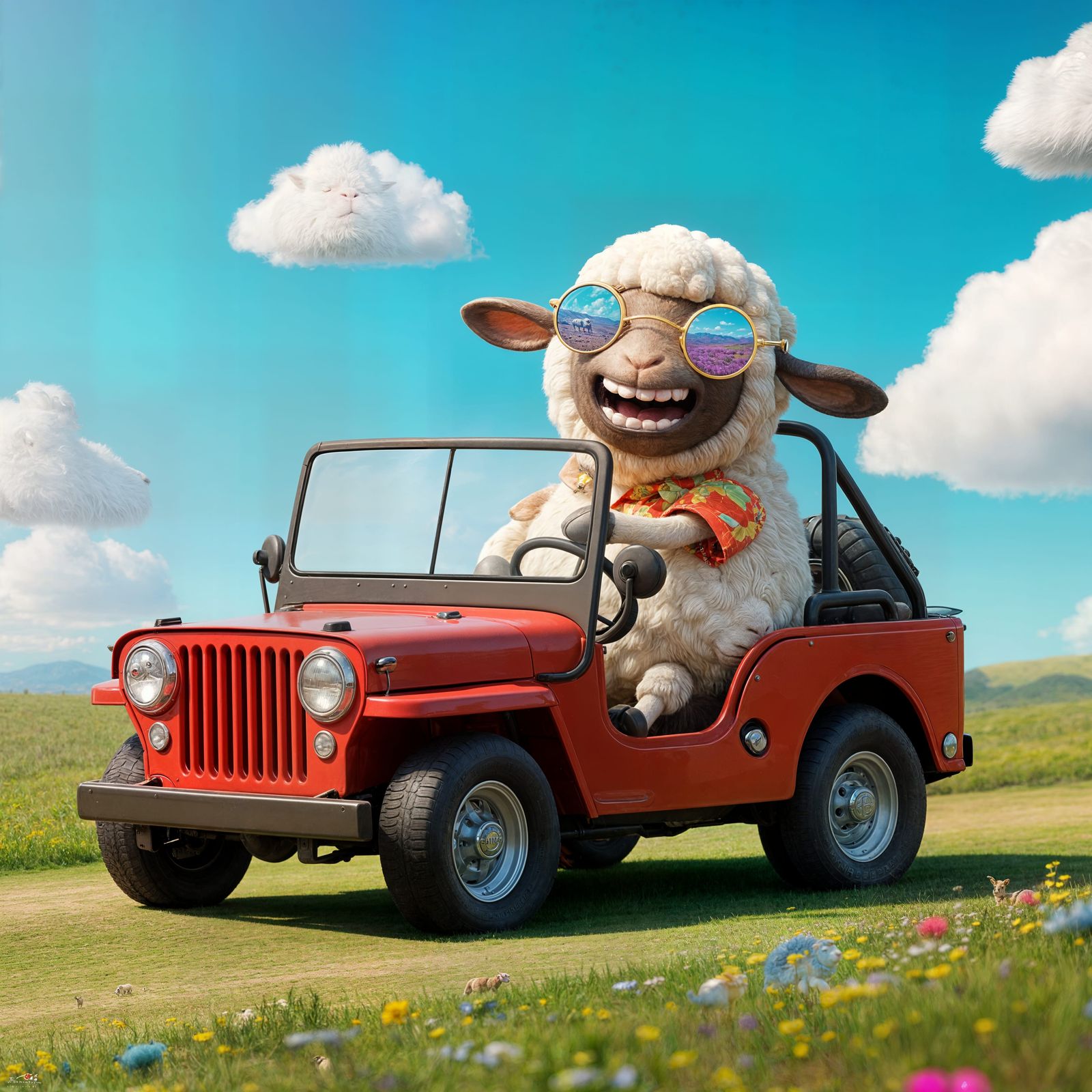 Surreal CGI Portrait of a Sheep in a Jeep on a Sunny Day