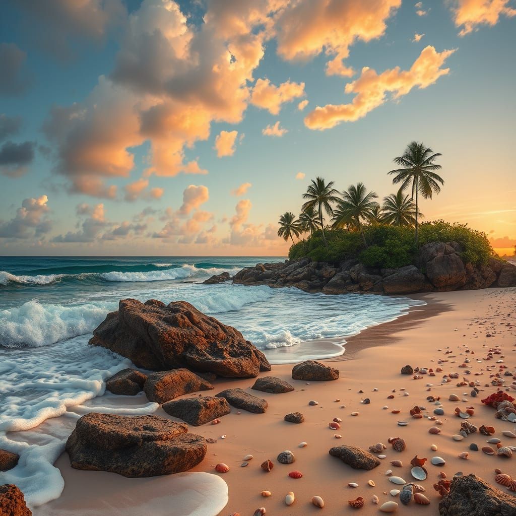Tropical Island Sunset in Classic Landscape Art Style