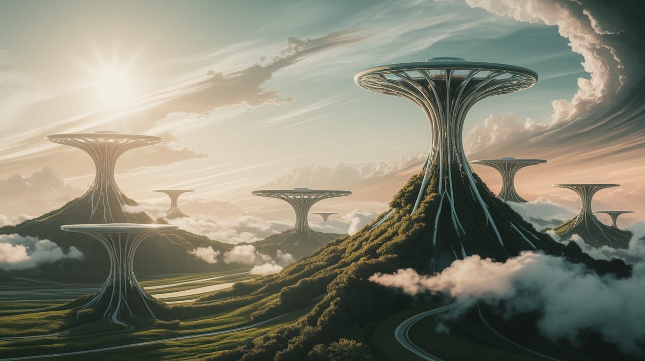 Ethereal Digital Cityscape in Nature-Inspired Architecture
