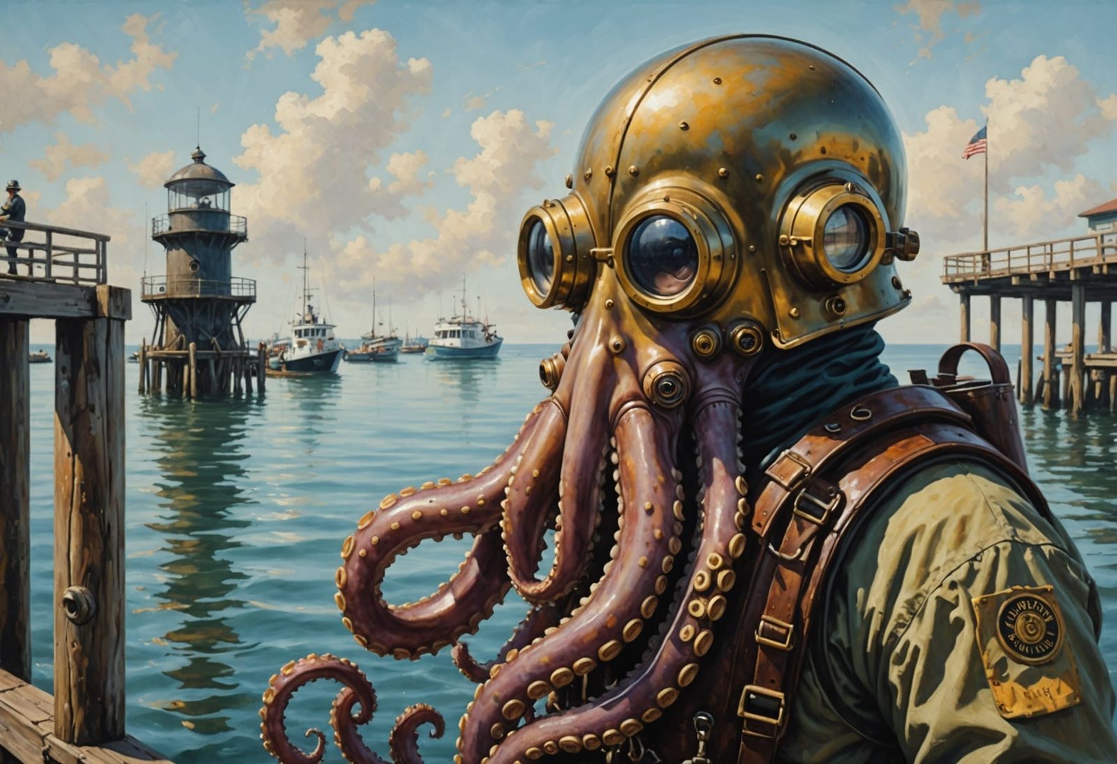 Octopus Steals Fish Wearing Diving Helmet, Oil Painting