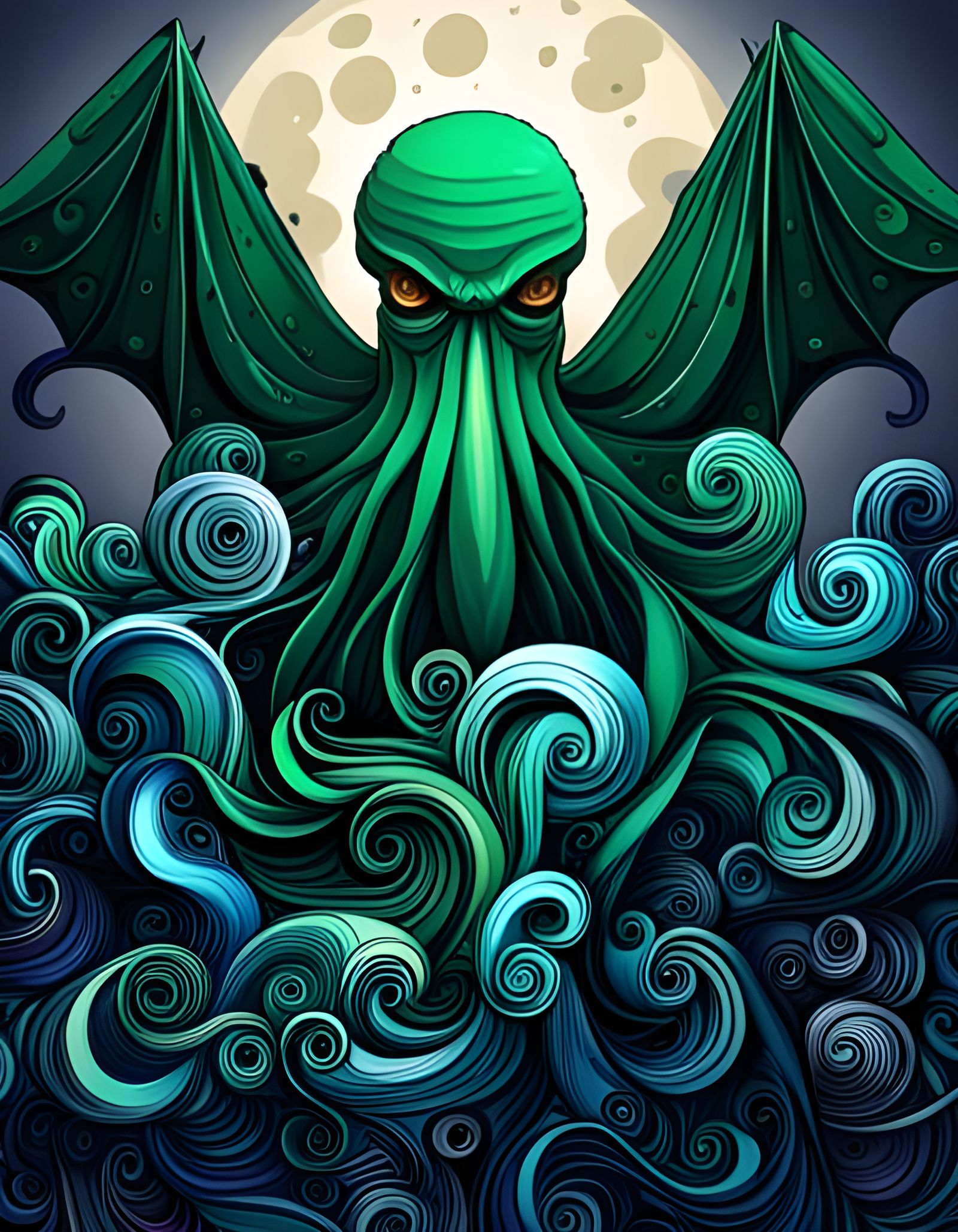 Origami Cthulhu Rises Over Dark Ocean