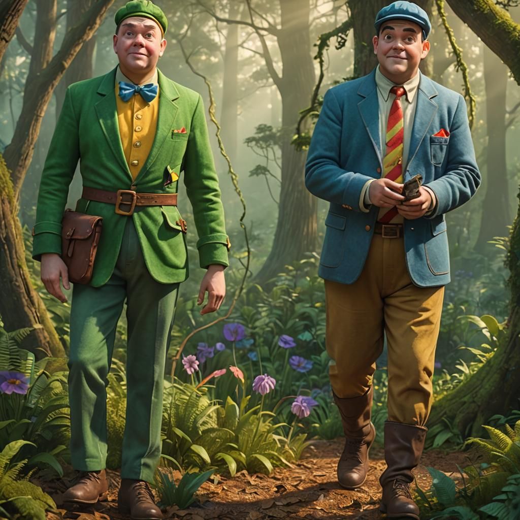 Tweedledee and Tweedledum in Forest, Pixar Style