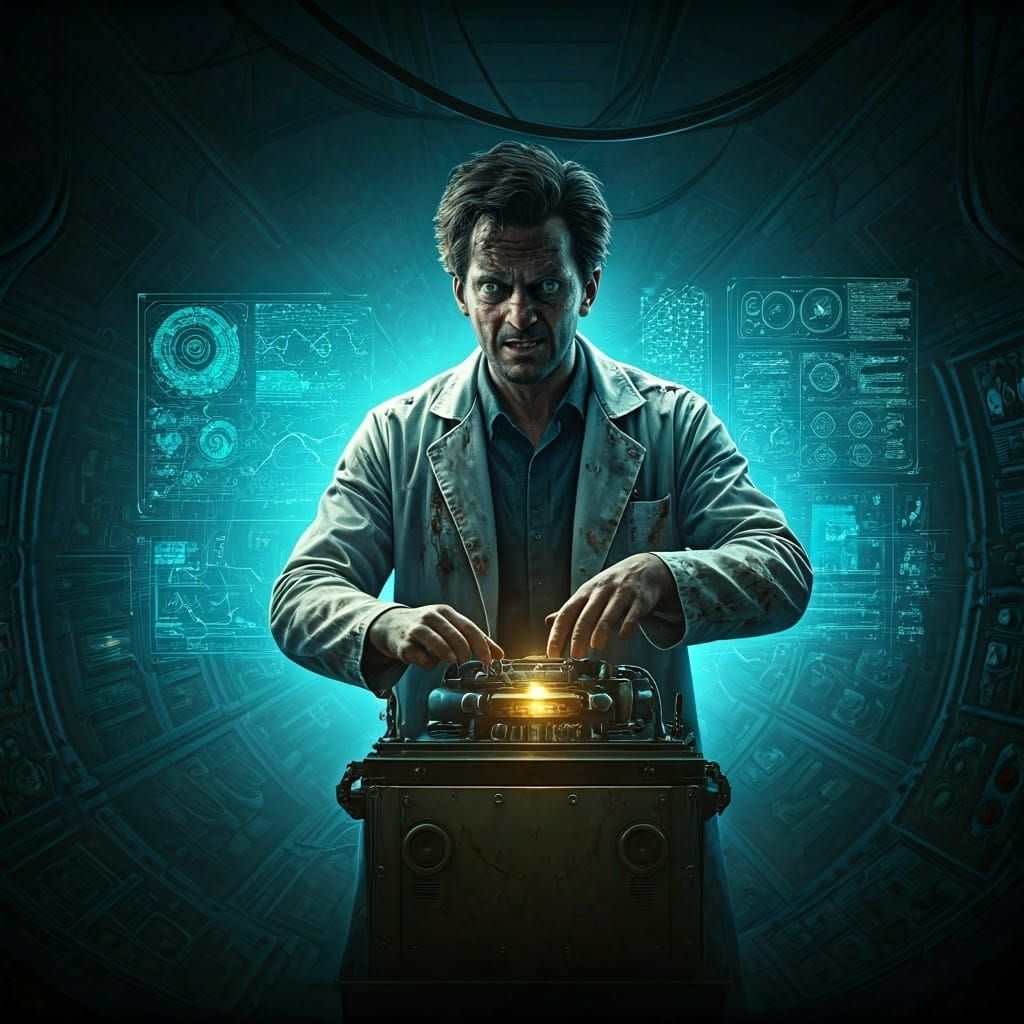 Futuristic Scientist in a State of Unhinged Intensity