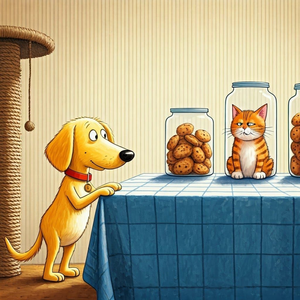 Whimsical Scene of a Dog and Cat by a Table with Cookies