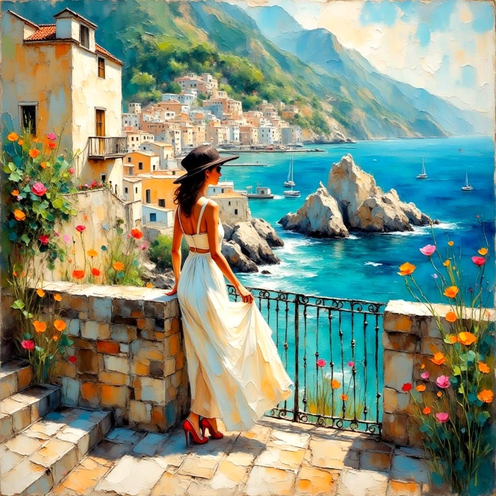 Encaustic Impressionist Pin-Up of a Stylish Italian Woman in...