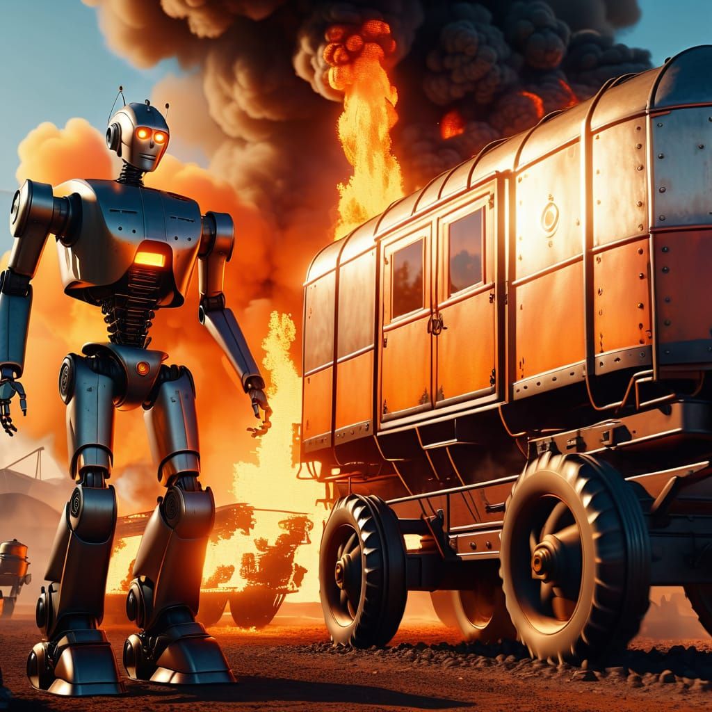 Robot Beside Flaming Covered Wagon in Western Landscape