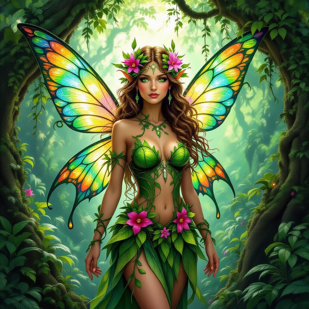Jungle Fairy with Stained Glass Wings in Magical Realism
