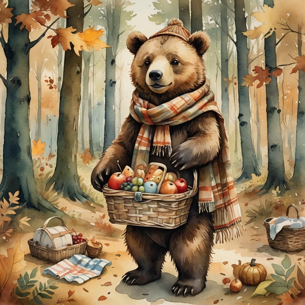 Baby Bear's Forest Picnic: Whimsical Watercolor Illustration