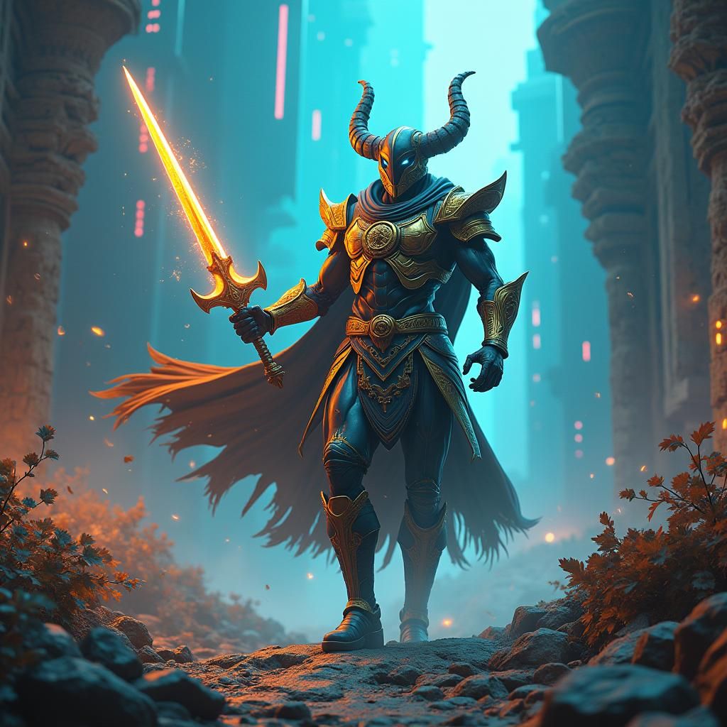 Warrior vs Robot in Dystopian Cyberpunk Battle