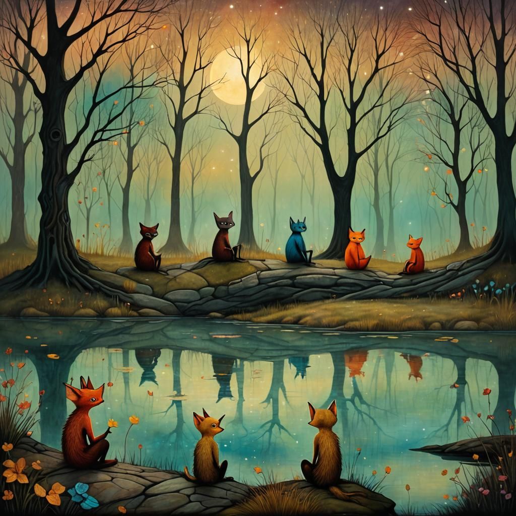 A cheeky group of faes sitting next to a pond , a surrealist...