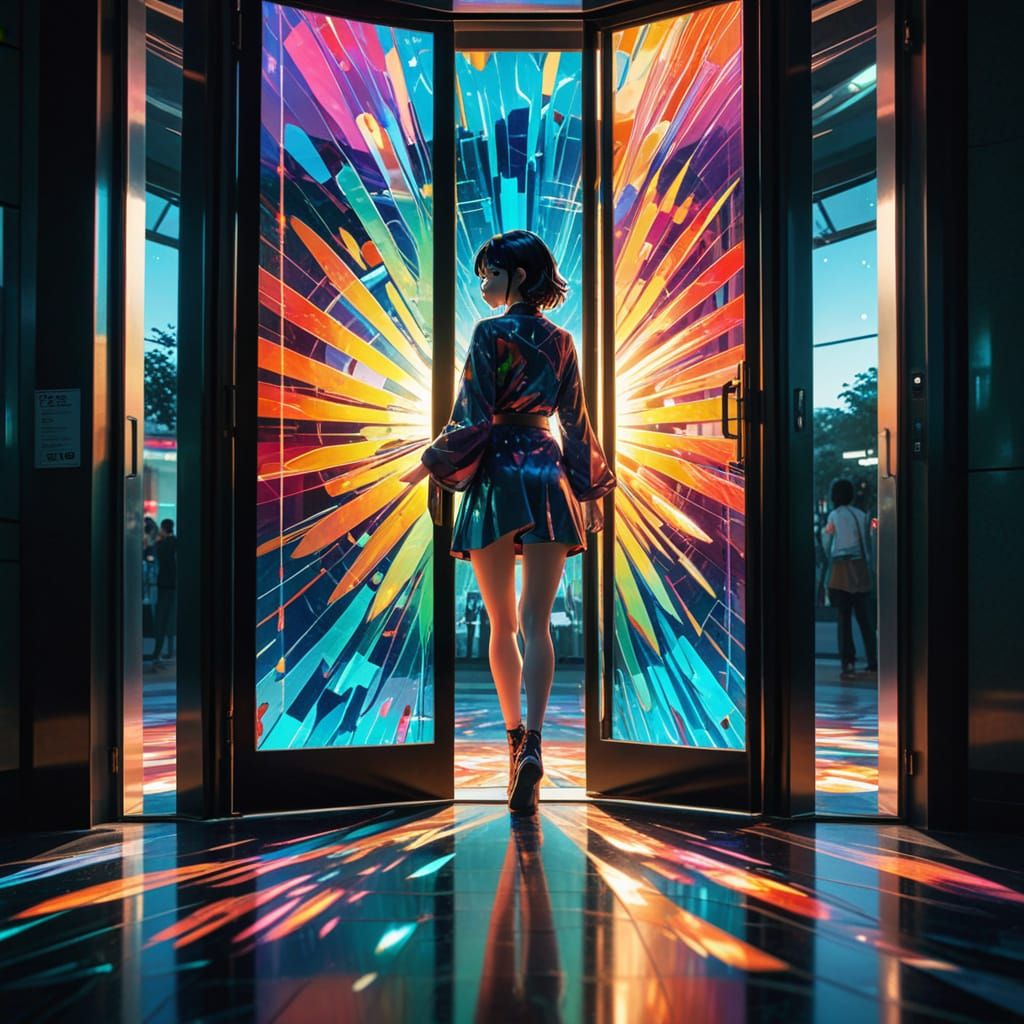 Tate McRae in a Vibrant Revolving Door Scene, Anime Style