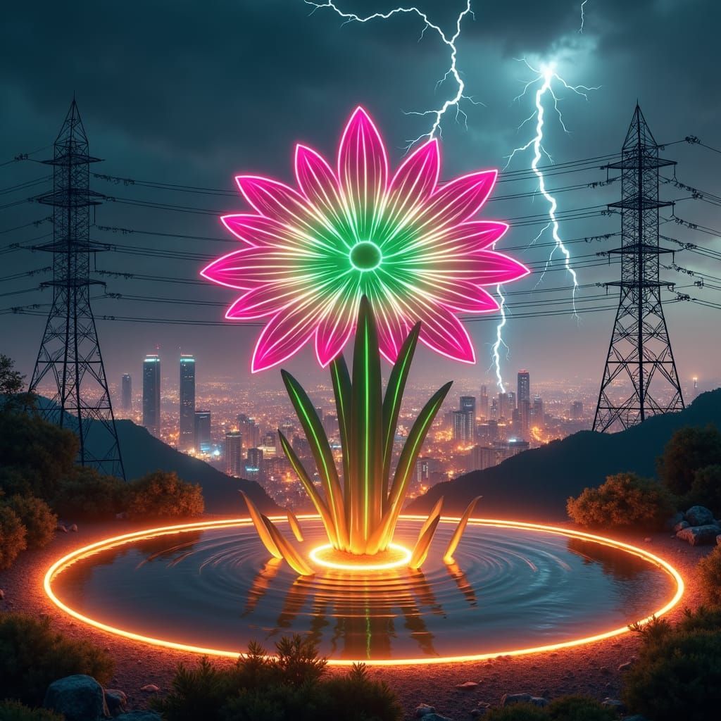 Neon Flowers Bloom Amidst Electric Cityscape