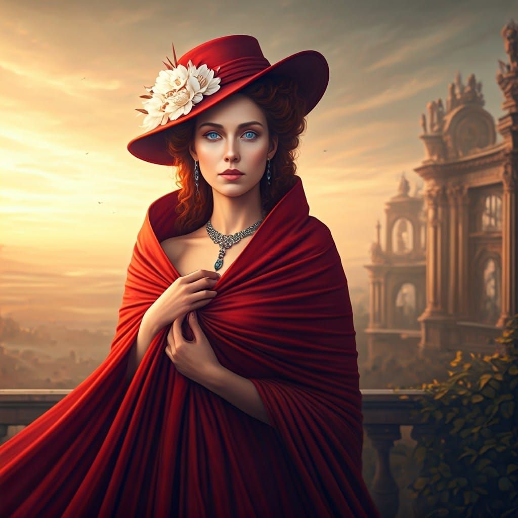 Majestic Woman in Red Gown and Baroque Ruins