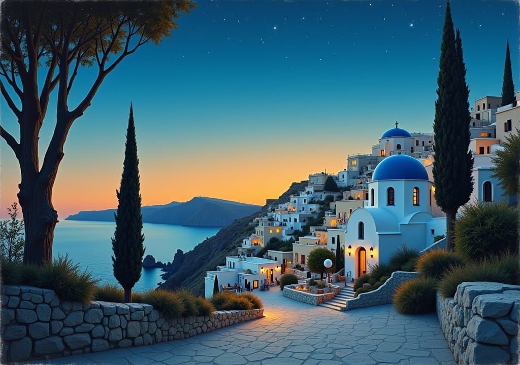 Greek Island Village at Dusk in Dreamy Style