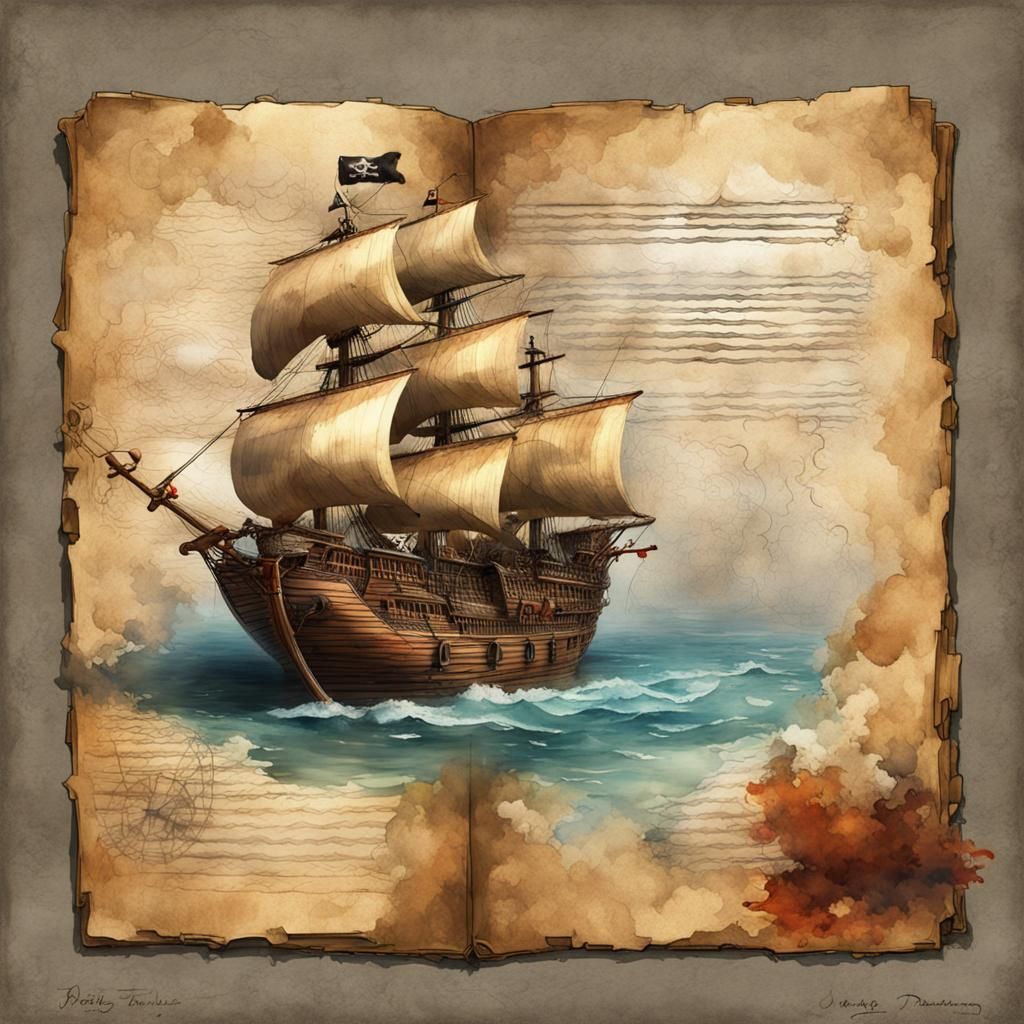 Pirate in Indian Dress with Pirate Flag, Watercolor