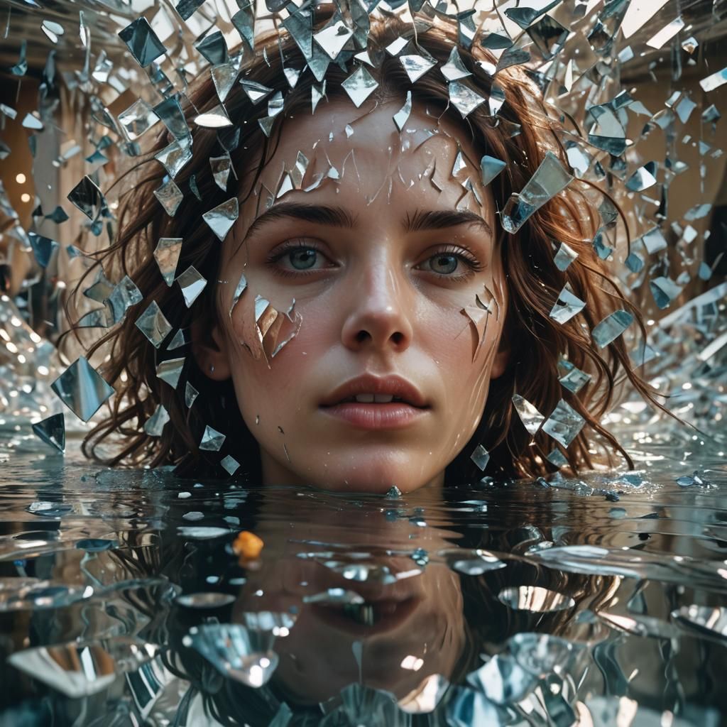 Surreal Woman Reflected in Fragmented Mirrors