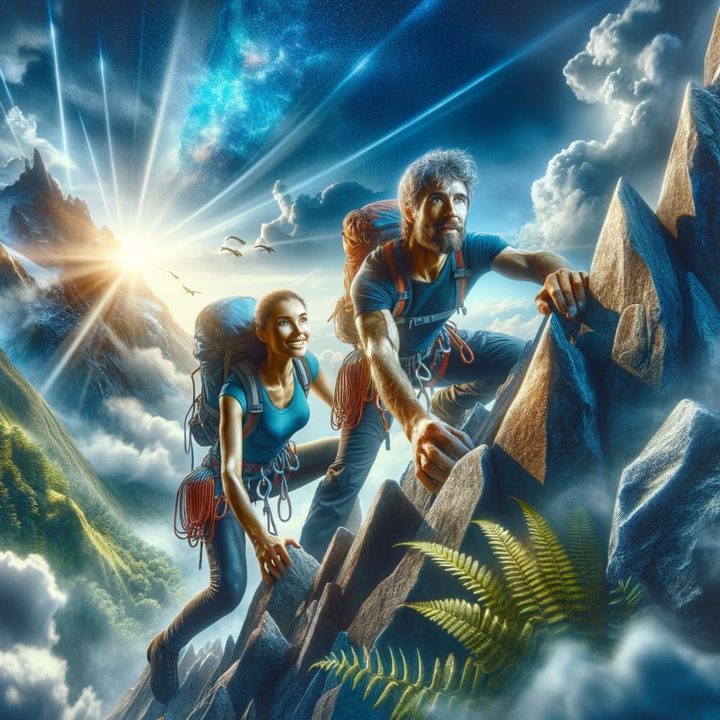 Adventurous Climbers Ascend Rocky Terrain in a Stunning Blue...