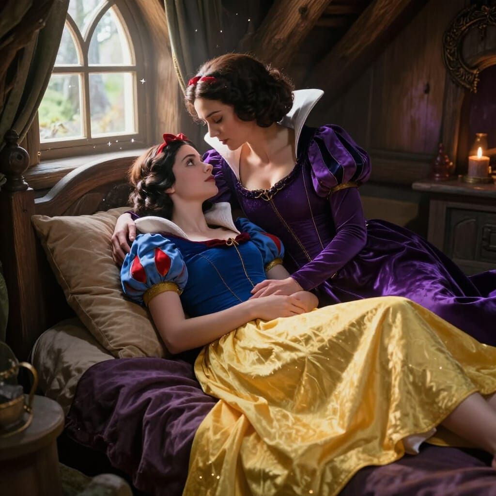 Snow White and Stepmother Embrace in Enchanted Forest